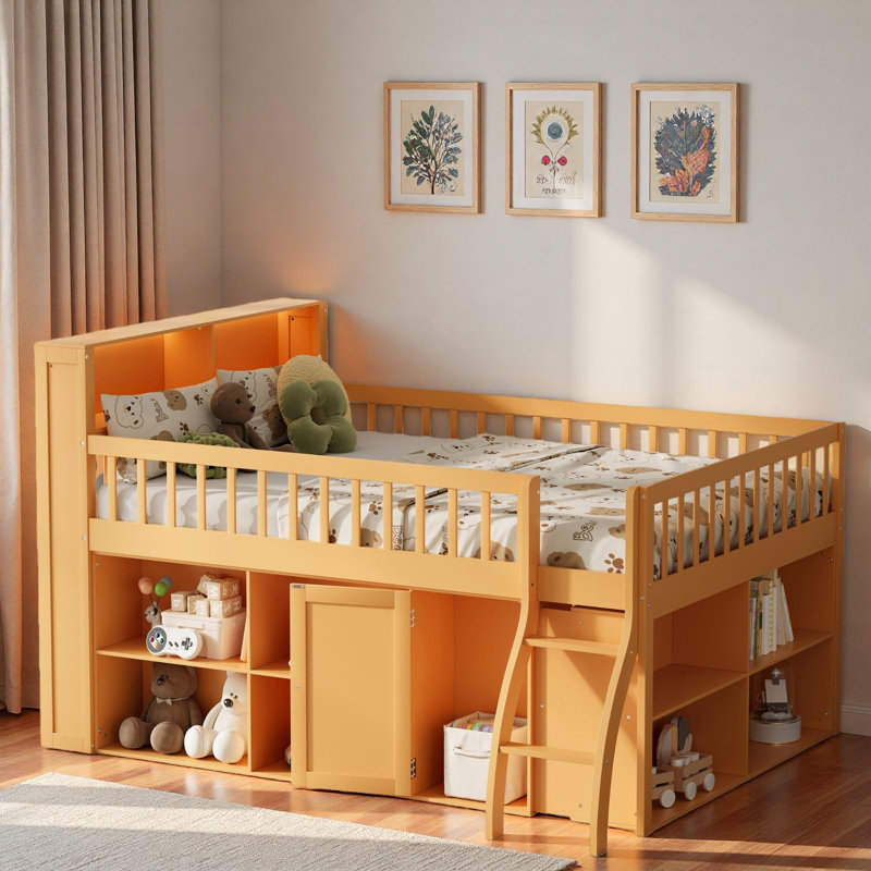 Lit mezzanine peu encombrant avec tablettes de rangement, tête de lit avec lumière DEL, Naturel, Lit double