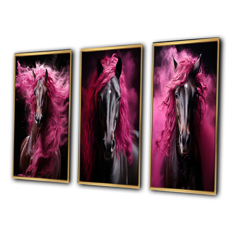«Black Pink Horse Vibrant Equine», 3 pièces sur toile, Encadrement doré, H 20 po x l 36 po
