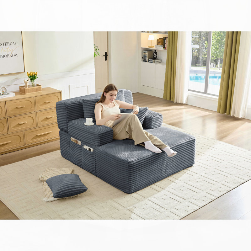 Canapé-lit convertible surdimensionné avec dossier réglable et poche de rangement, canapé-lit modulaire en peluche rayé pour une utilisation multi-scènes