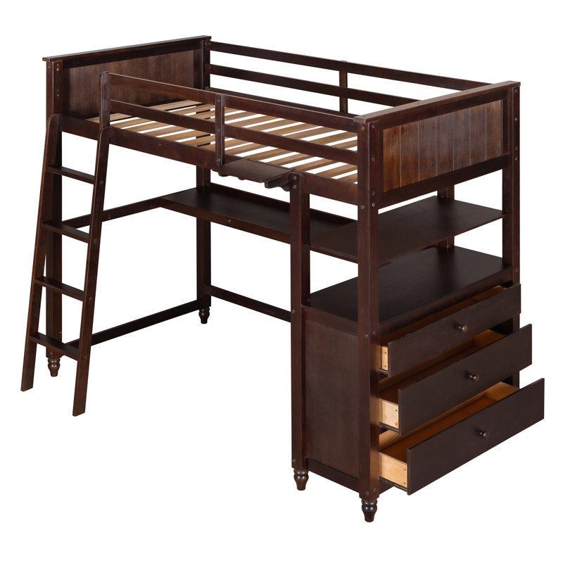 Loft Bed With Drawers And Desk, Wooden Loft Bed With Shelves, Twin, Espresso