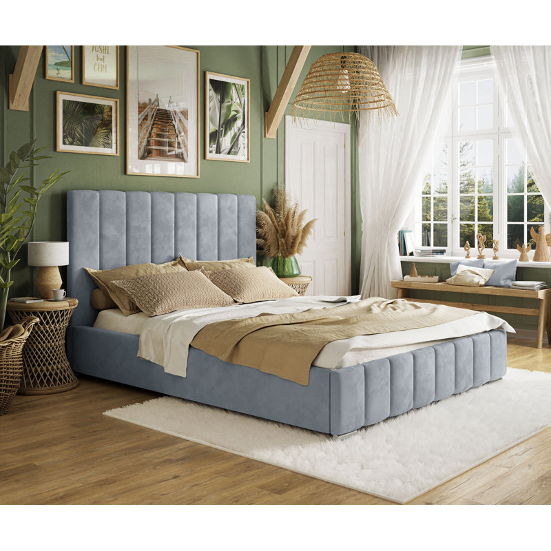 Emiljan Velvet Upholstered Bed, Sky Blue, 140 x 200cm