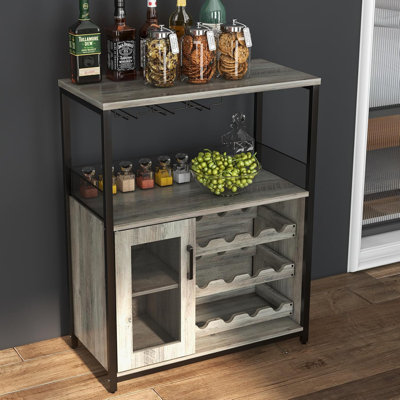 3-Tier Wine Bar Cabinet , Adjustable Shelves, Detachable Rack, Glass Holder