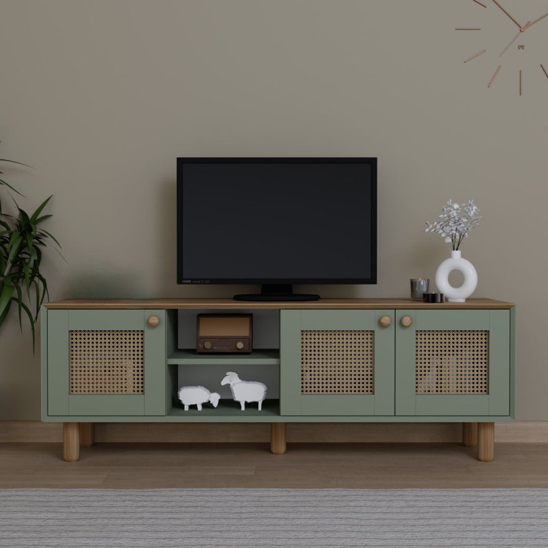 Meuble télé moderne vert avec plusieurs tablettes, 63,0 x 22,0 x 15,7 pouces | 100% panneau de particules enduit de mélamine, épaisseur: 0,7 pouce | Design scandinave mural, élégant et fonctionnel pour le salon