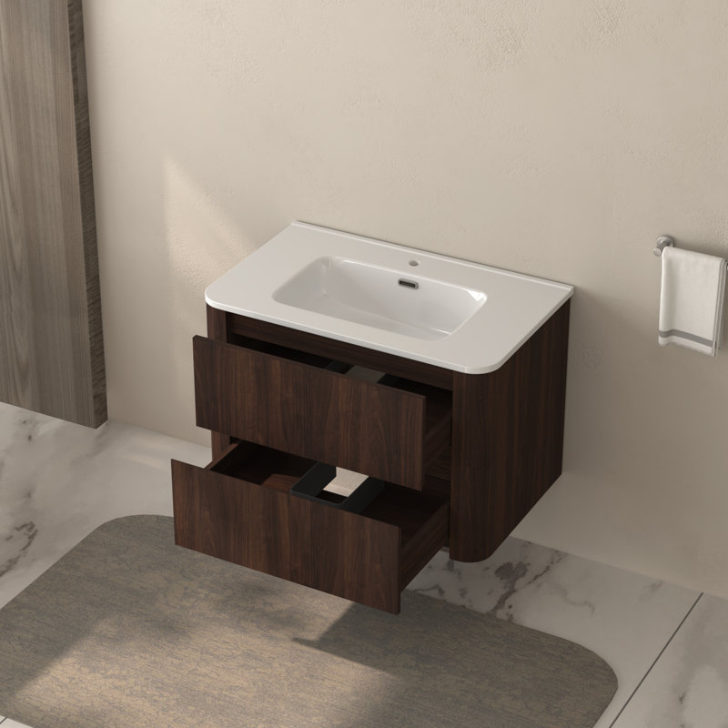 Meuble-lavabo mural de 30 po avec lavabo en céramique blanc, deux tiroirs à fermeture en douceur, noyer foncé, style américain - contreplaqué, tracas - installation pour salle de bain minimaliste intégrée