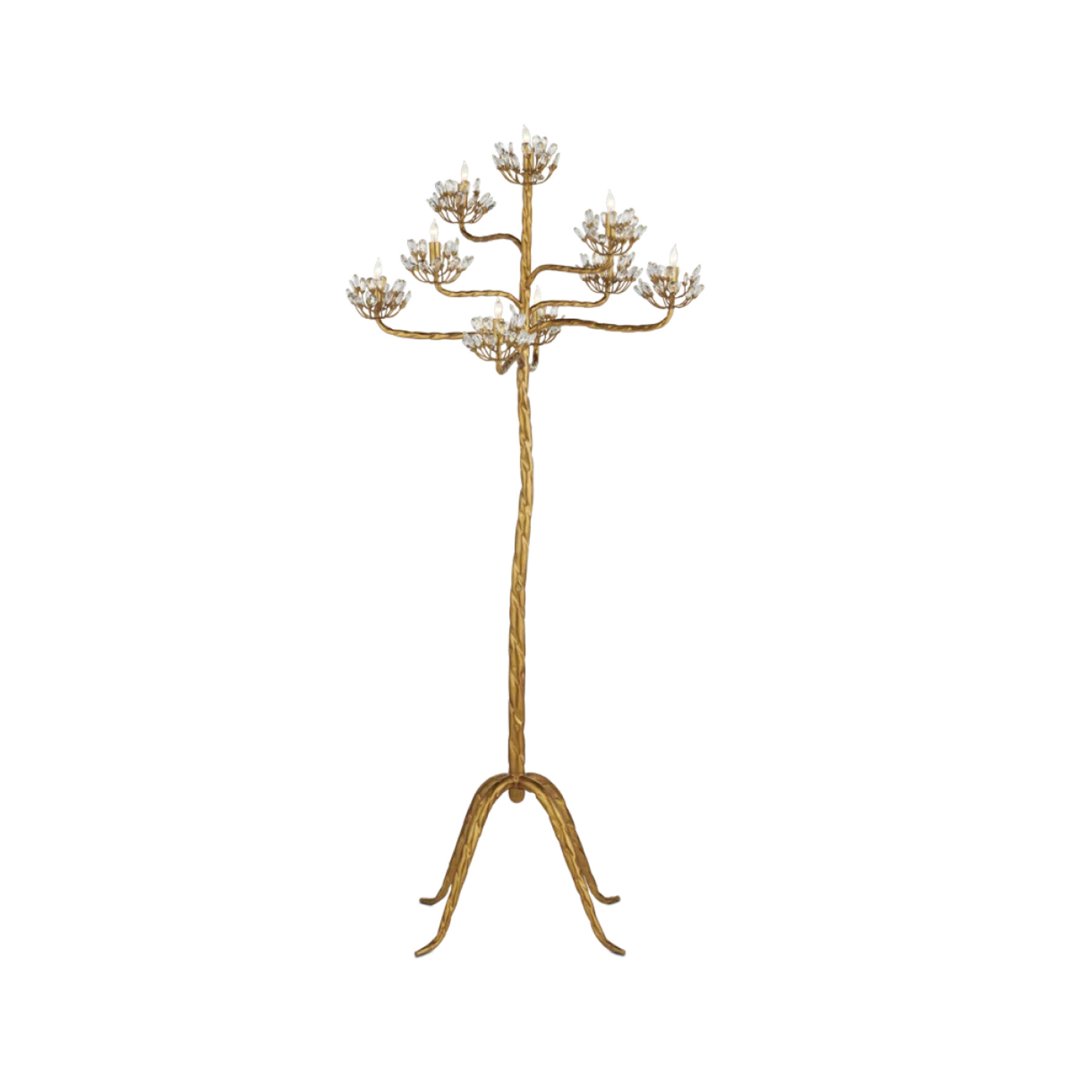 Gold floor lamp featuring a textured branch-like base and multiple light fixtures adorned with clear crystal accents.