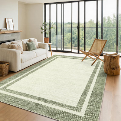 Tapis abstrait moderne encadré vert 2,4 x 3 m, lavable et pliable en velours perlé avec envers antidérapant en TPR, idéal pour le salon, la chambre, la salle à manger, l'entrée et la décoration intérieure.