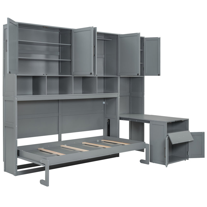 Lit escamotable simple simple avec placard, tiroirs et bureau - gris