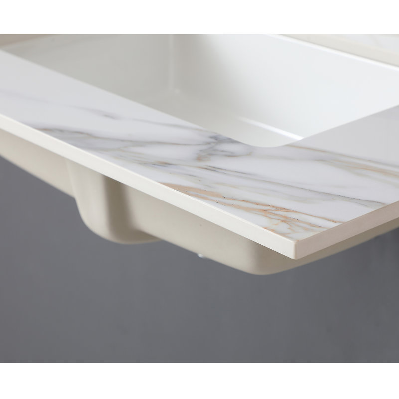 Plan de toilette de 79 cm (31 po) - Blanc avec lavabo rectangulaire central et dosseret de 10 cm (4 po) au design unique