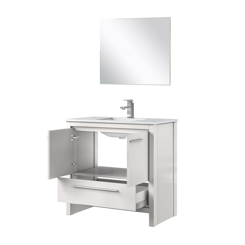 Lafarre 36 in W x 20 in D Single Bath Vanity, 28 in Mirror and Gun Metal Faucet Set, White, White Cultured Marble