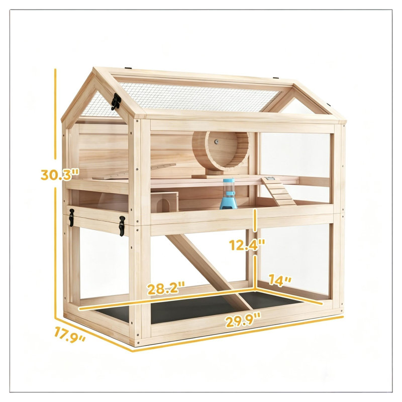 Cage en bois naturel à trois niveaux pour petits animaux avec rampes - Habitat de hamster en bois spacieux