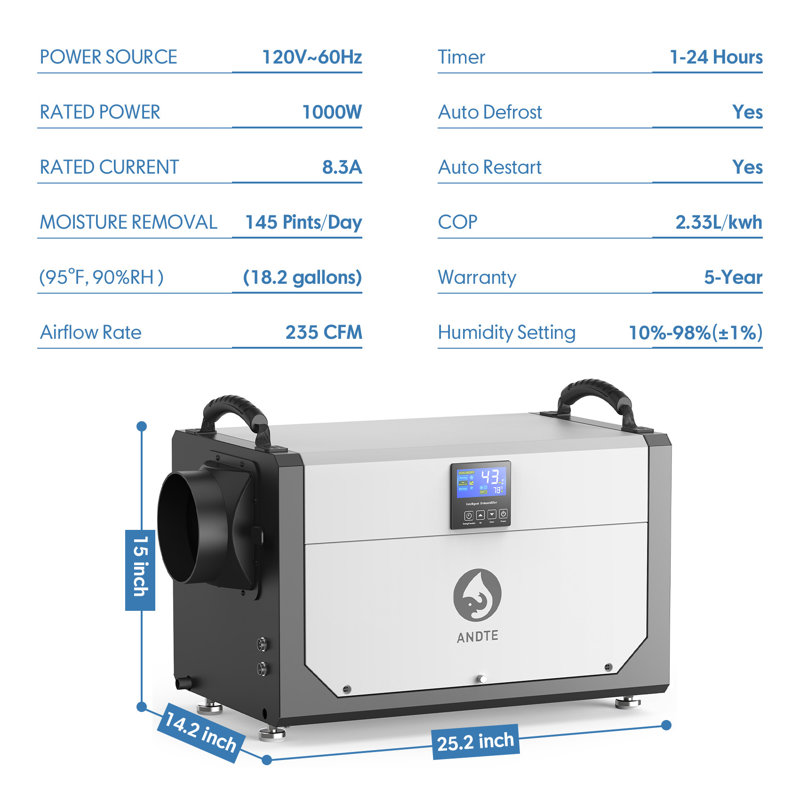 155 Pint Basement/Crawlspace Dehumidifiers For Large Space,Commercial Dehumidifier With Drain Hose