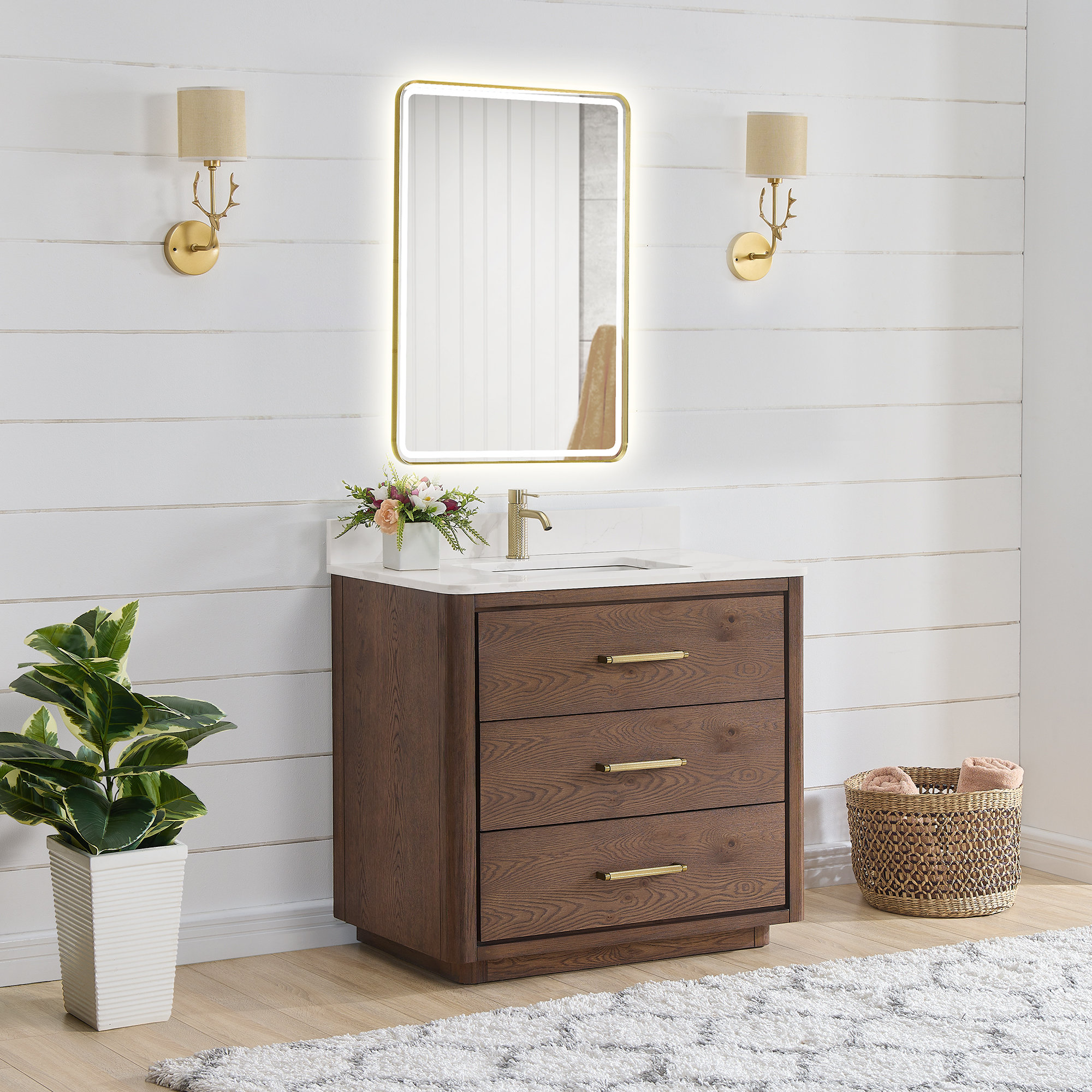 Porto 36'' Single Bathroom Vanity, Dark Brown, Gold