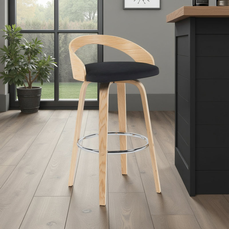 Maxime Modern Swivel Bar or Counter Stool with Upholstered Seat and Curved Wood Back, Black, 1, Bar Stool (30" Seat Height)