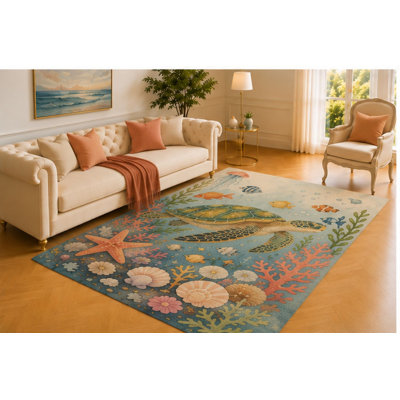 "Ultra Lightweight" 5'x7' Sea Turtle Rug, Ocean Wildlife Swimming Among Coral, Starfish, Shells and Colorful Fish, Coastal Floor Decor for Bedroom, Bathroom or Playroom