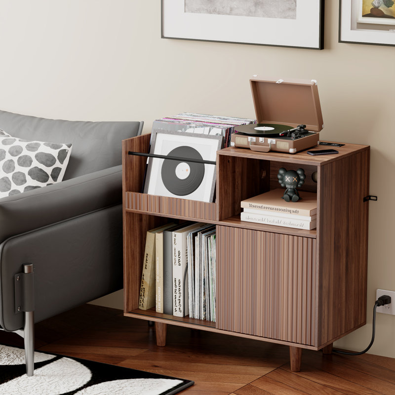 Support de tourne-disque rétro avec lumières DEL et prises de courant - 300 tablettes de rangement en vinyle pour le salon, le bureau