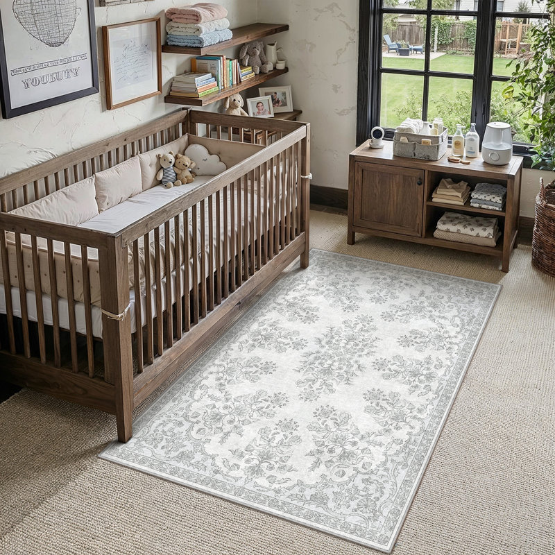 Elyra Machine Washable Damask Area Rug with Non-Slip Backing in Gray, Rectangle 3' x 5'