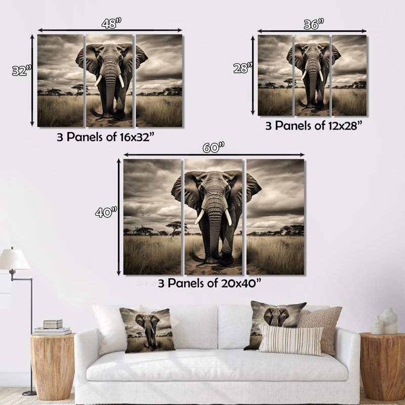 «Afrique Elephants Grace», impression sur toile tendue 3 pièces, H 28 po x l 36 po x P 1 po