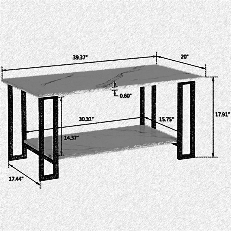 Table basse en bois imitation marbre moderne avec tablette, Noir