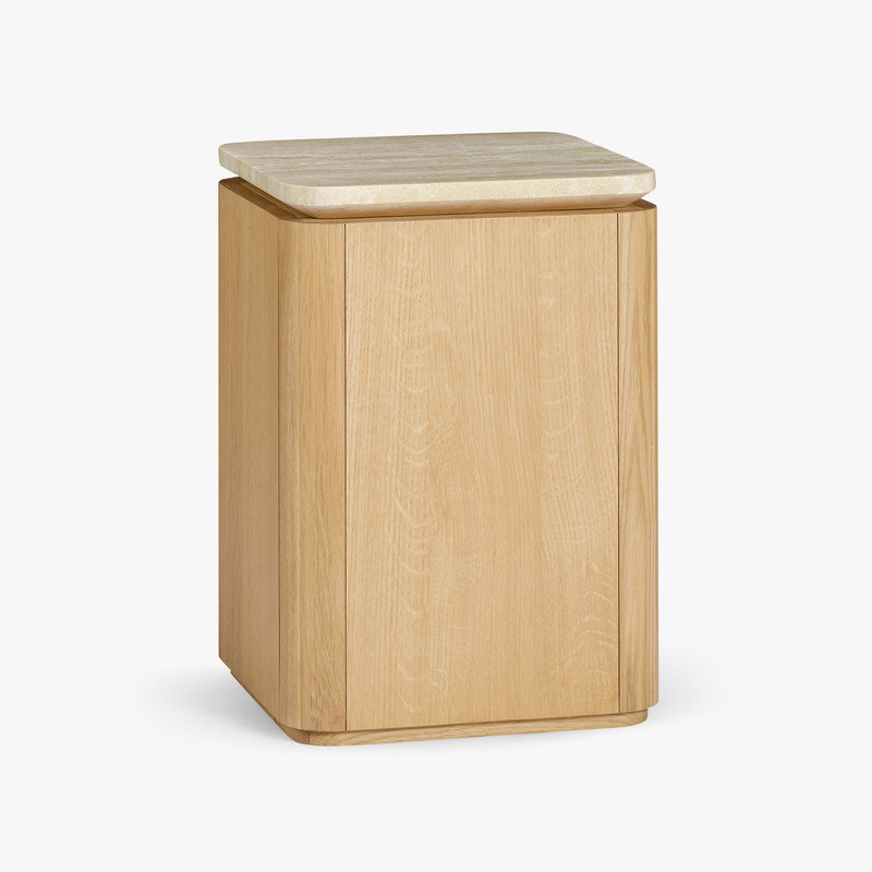 Marisol Square Travertine Side Table with Stone Top Oak Base Pedestal designer side table for Indoor Living Room Use