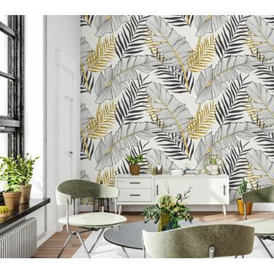 Black White Palm Leaf with Gold Accent Wallpaper