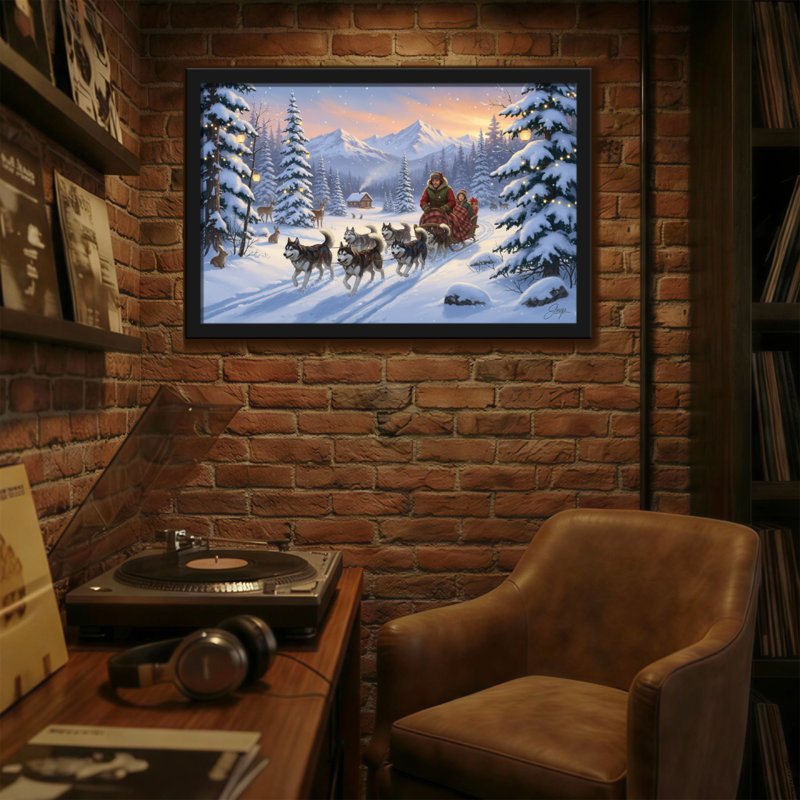 Paysage d'hiver de Noël avec traîneau et chiens, H 20 po x l 30 po