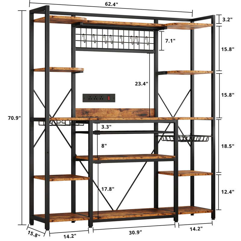 Étagère de boulanger de 62,4 po avec tablettes de rangement et prise de courant, étagère de boulanger de cuisine avec support à vin, porte-gobelet et panier grillagé, bar à café pour la cuisine, le salon