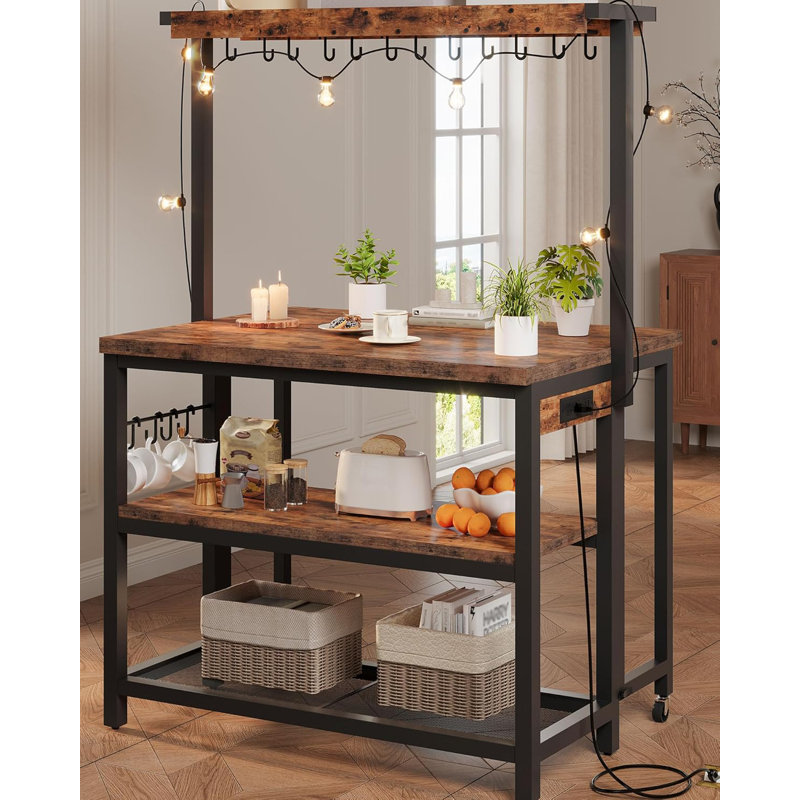 Îlot de cuisine avec prise de courant et ports USB, plateau de table pliable avec tablettes de rangement, bar à café multifonctionnel et table de salle à manger pour le salon et la cuisine