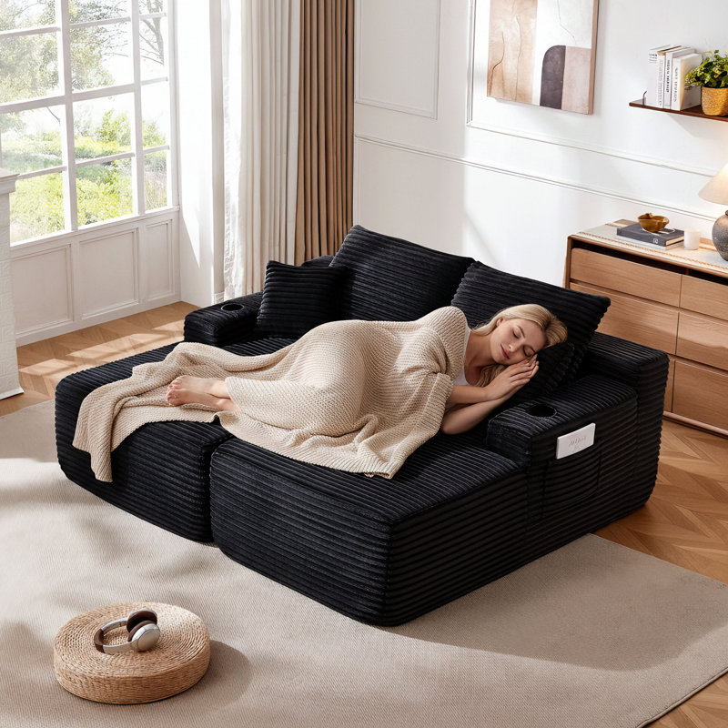 Très grand canapé-lit 69 po à dossier double désossé avec assise profonde, causeuse en velours côtelé moelleux 2 pièces, aucun assemblage requis, salon, rangement, tasse multifonctionnelle.
