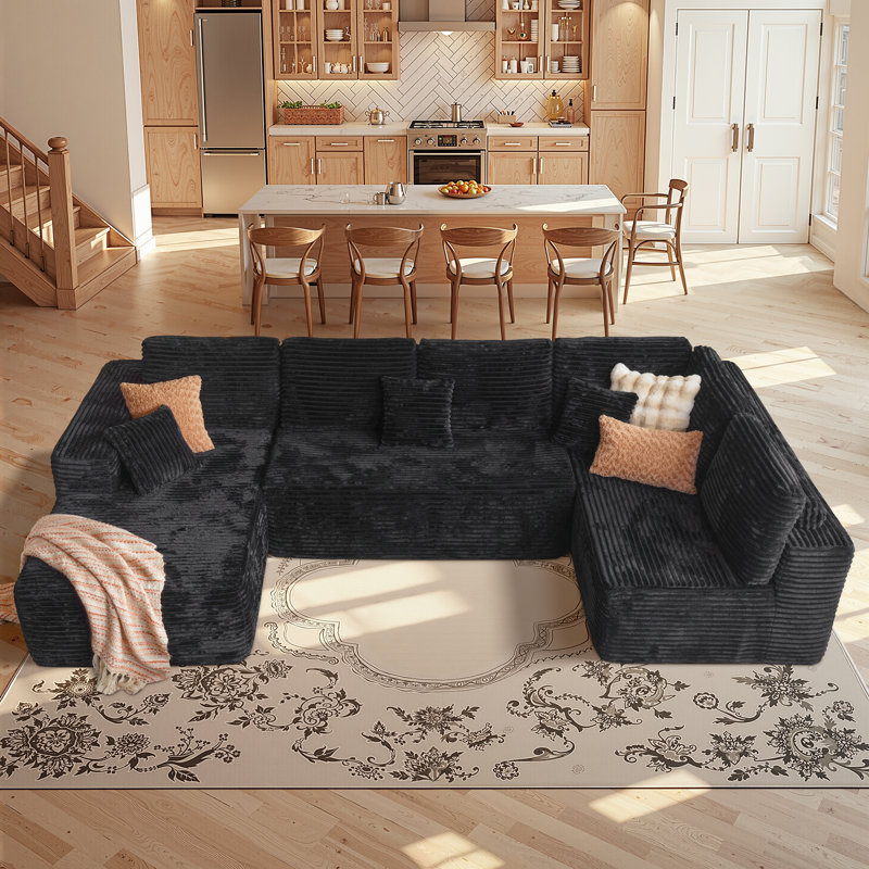 Canapés modulaires en nuage sans dossier de 135 po pour salon, canapé modulaire avec velours côtelé Rita de Rita, Noir