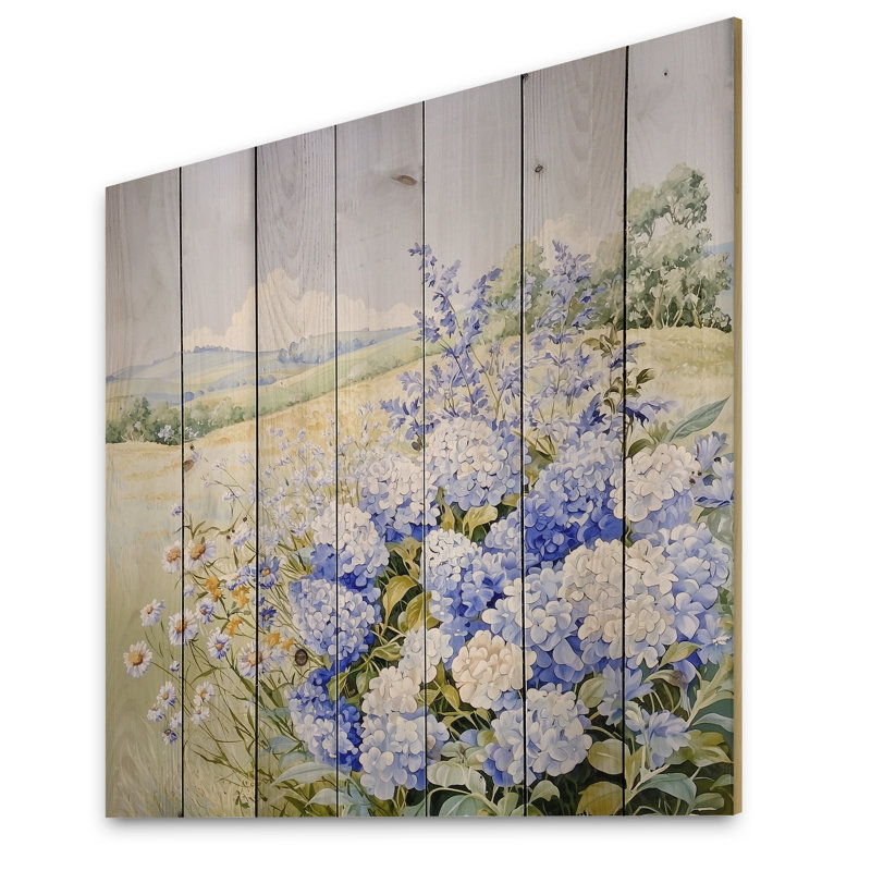 Rolling Hills And Wildflowers I - Décoration murale paysage en bois sur bois de pin naturel, H 15 po x l 15 po