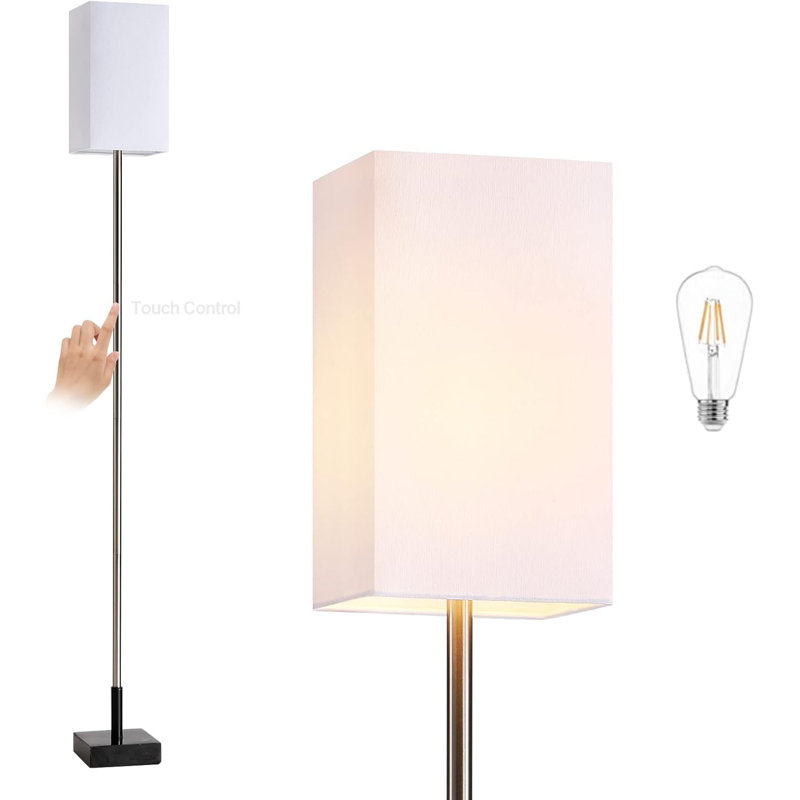 Lampe sur pied en nickel brossé avec base en marbre, abat-jour en lin, gradation tactile à 3 voies, ampoule DEL