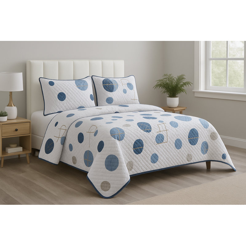Cotton Blend Geometric Shapes Quilt, White/Blue, Queen Quilt + 2 Shams