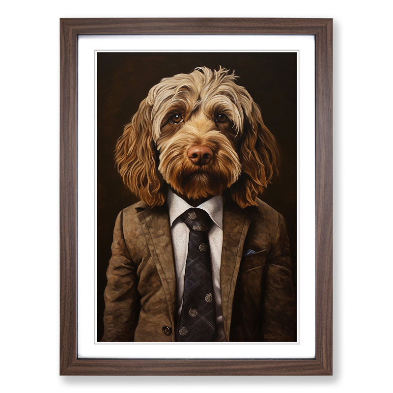 Cockapoo In A Suit Painting - Single Picture Frame Print on Wood, 34cm H x 25cm W x 2cm D, Walnut Framed