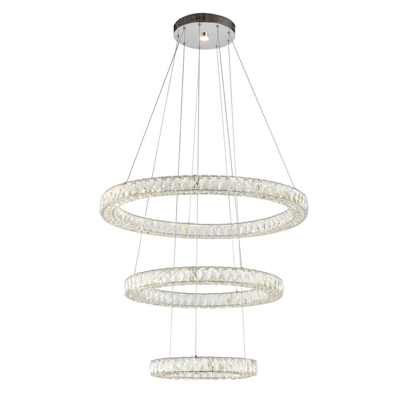 4-Light 3-Tier Dimmable Chrome LED Chandelier With Clear Crystal Accents