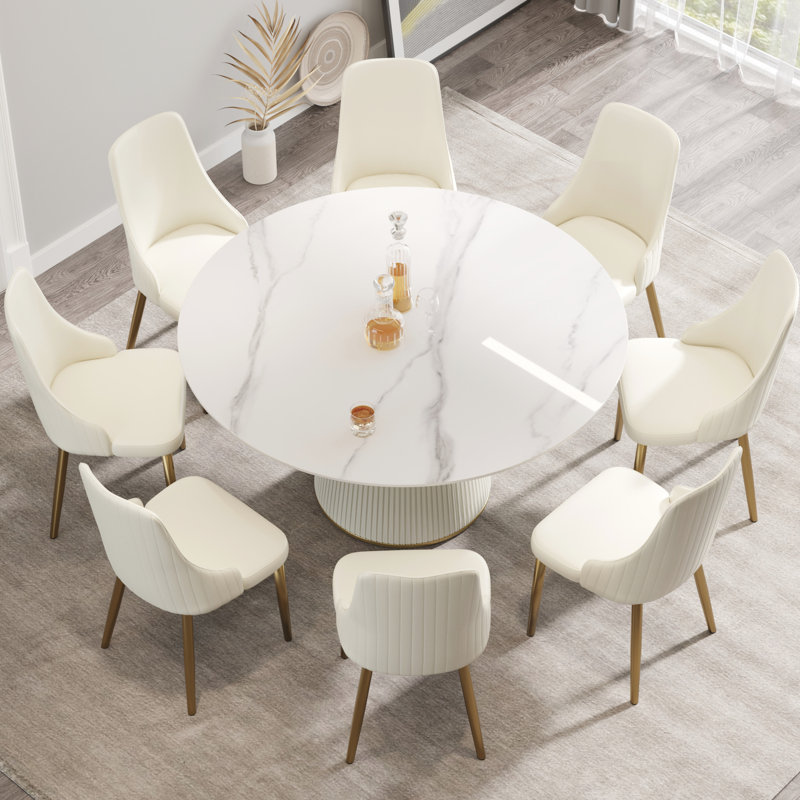 Table de salle à manger ronde blanche 59,43 "beige, base en polyuréthane rempli de contreplaqué, bureau en pierre frittée, Scratch, chaleur et feu, pour 8 personnes dans la zone