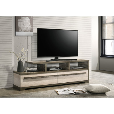 Meuble télé en bois à deux tons avec rangement ouvert et tiroirs, style contemporain pour le salon principal, bois moderne de 15,84 po de largeur, tablettes cachées, profondeur de 70,79 po