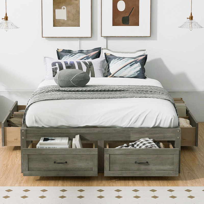 Lit plateforme avec 6 tiroirs de rangement, antique, Gris antique, Lit double