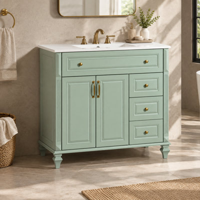 Meuble-lavabo de salle de bain en bois massif vert de 92 cm (36,18 pouces) avec lavabo encastré et tiroir rabattable