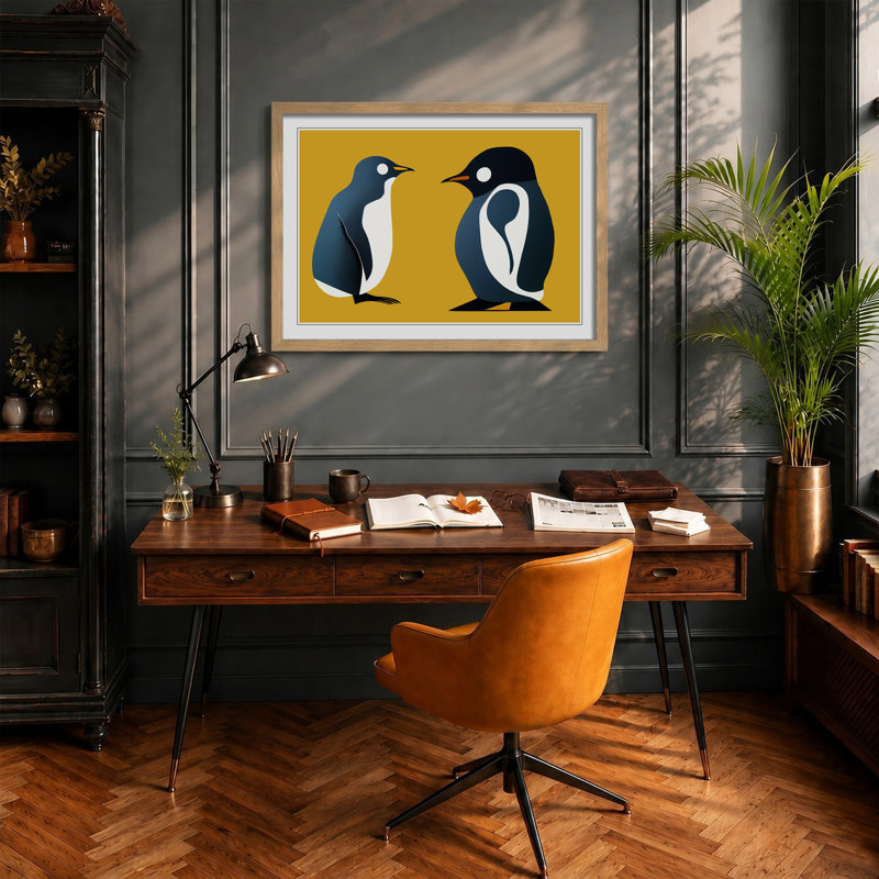 Young Penguins Abstract - Framed Print, 25cm H x 34cm W x 2cm D, Oak
