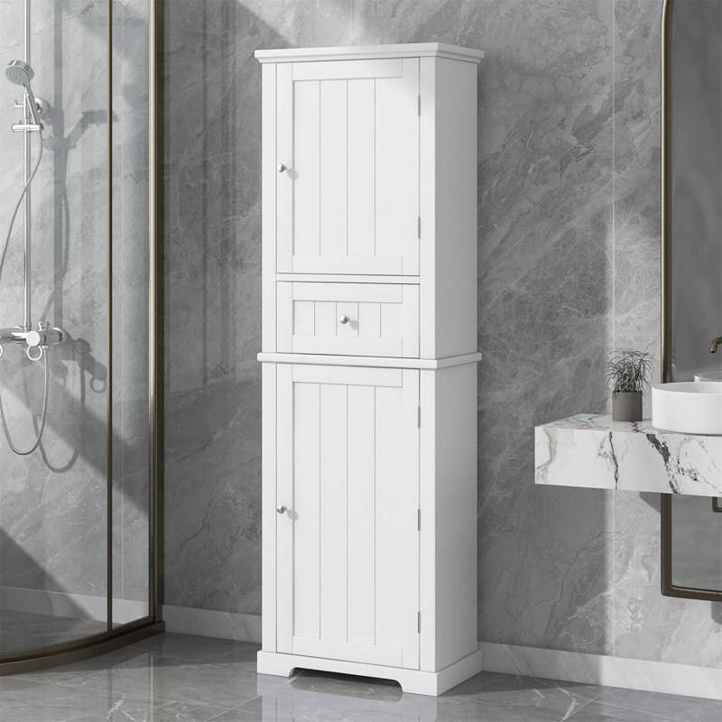Grande armoire de rangement pour salle de bain, armoire de rangement autoportante avec tiroir et tablette réglable, panneau de fibres à densité moyenne avec finition peinte