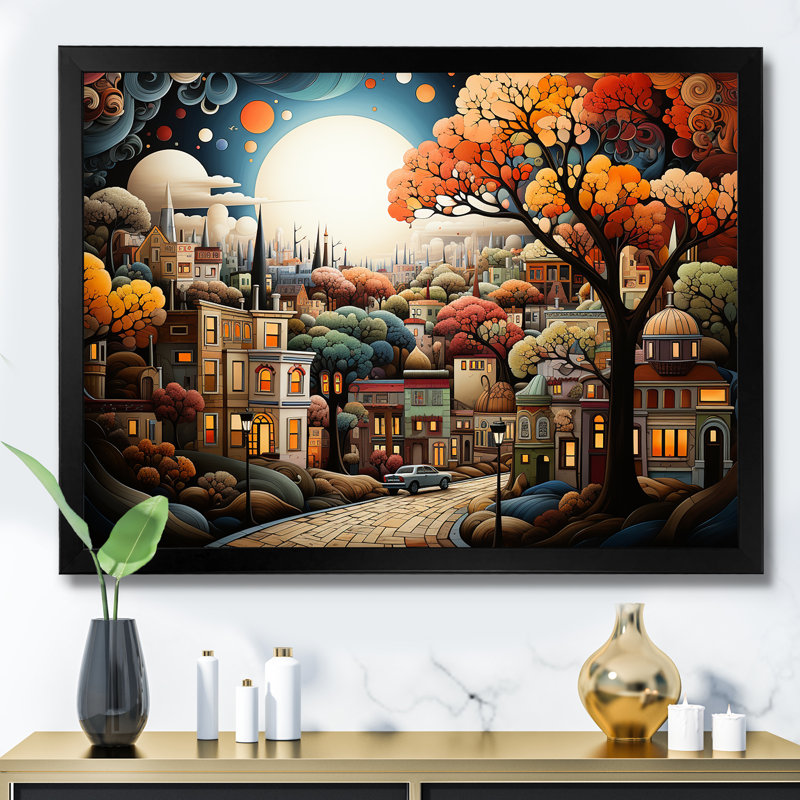 Cozy village in Autumn Moonlit II - Art mural déco ville, Cadre flottant noir, H 12 po x l 20 po x P 1 po