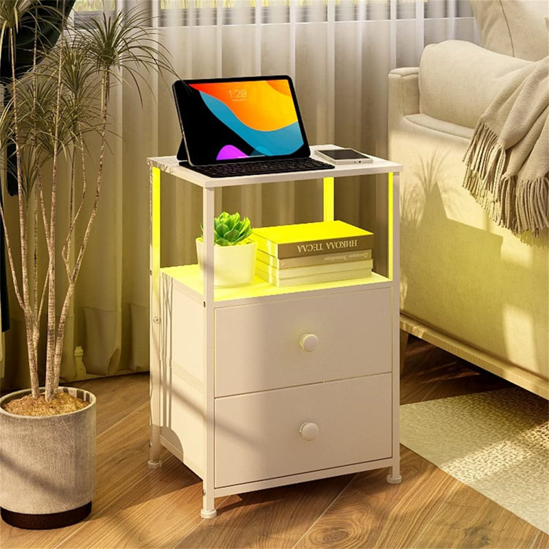 Bedside Table With Charging Station, LED Light And 2 Fabric Drawers