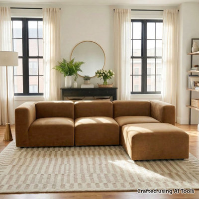 Modular L-Shaped Deep Seat Performance Velvet Sectional Sofa with Ottoman, 3-Seater