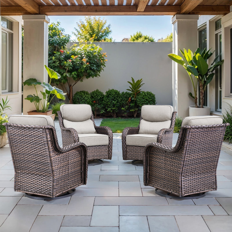 Deb Outdoor Wicker Swivel Rocker Patio Chairs with 6" Thick Cushions, Beige, Brown