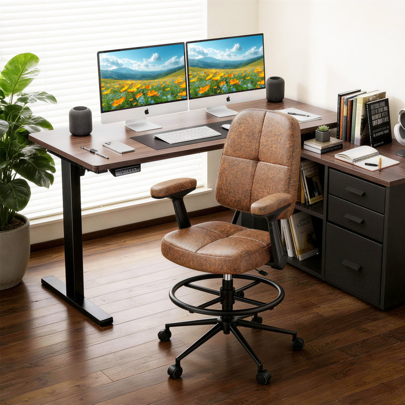 Drafting Chair Tall Desk Chair with Footrest & Padded Flip‑Up Armrests,Adjustable Height Chair, Ergonomic Office Chair,360° Swivel, Ideal for Adjustable Standing Desks, Home Office,Brown Thick Cushion 