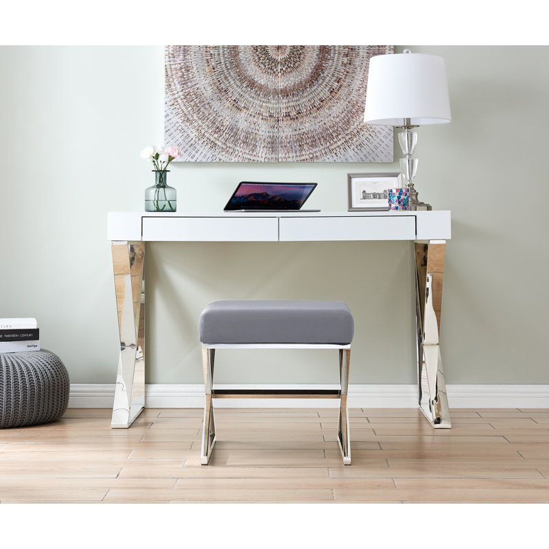 Jovie Velvet Upholstered Accent Dressing Table Chair - Modern Metal Chrome Design, Silver, Grey