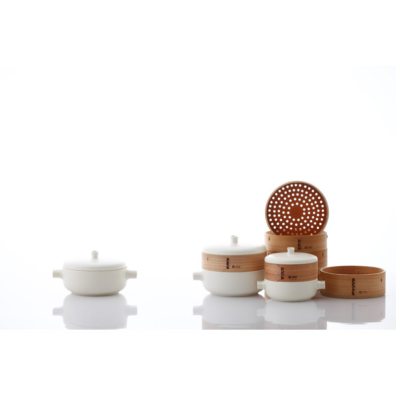 Cuiseur à vapeur 9,25 po en céramique / terre cuite / bois, H 9,1 po x l 9,1 po x P 8,5 po, Blanc