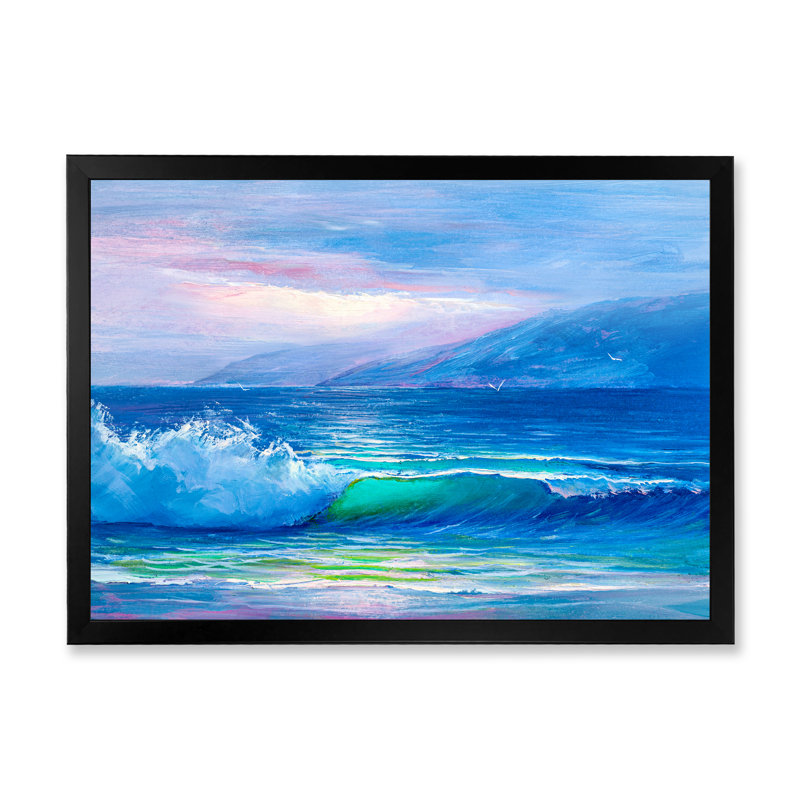 «Blue Waves Breaking At The Beach II», peinture sur toile, H 24 po x l 32 po x P 1 po, Cadre photo noir