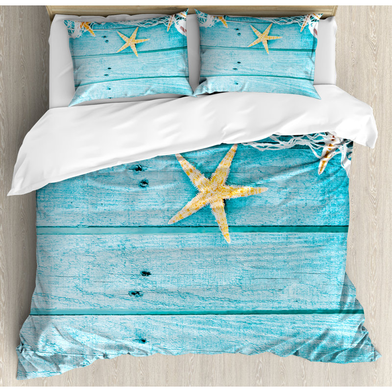 Turquoise Starfish Coastal Queen Duvet Cover Set with Pillow Shams