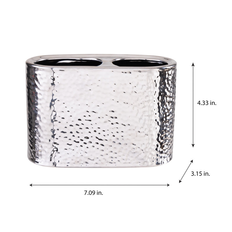 Silver Hammered Ceramic Toothbrush Holder with Dual Compartments